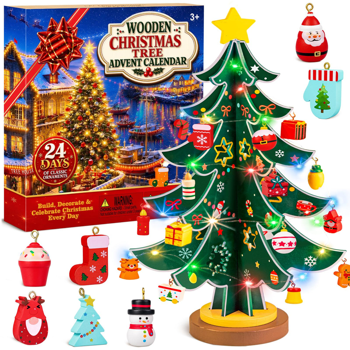 Wooden Christmas Tree Advent Calendar – LED Lights & 24 Ornaments