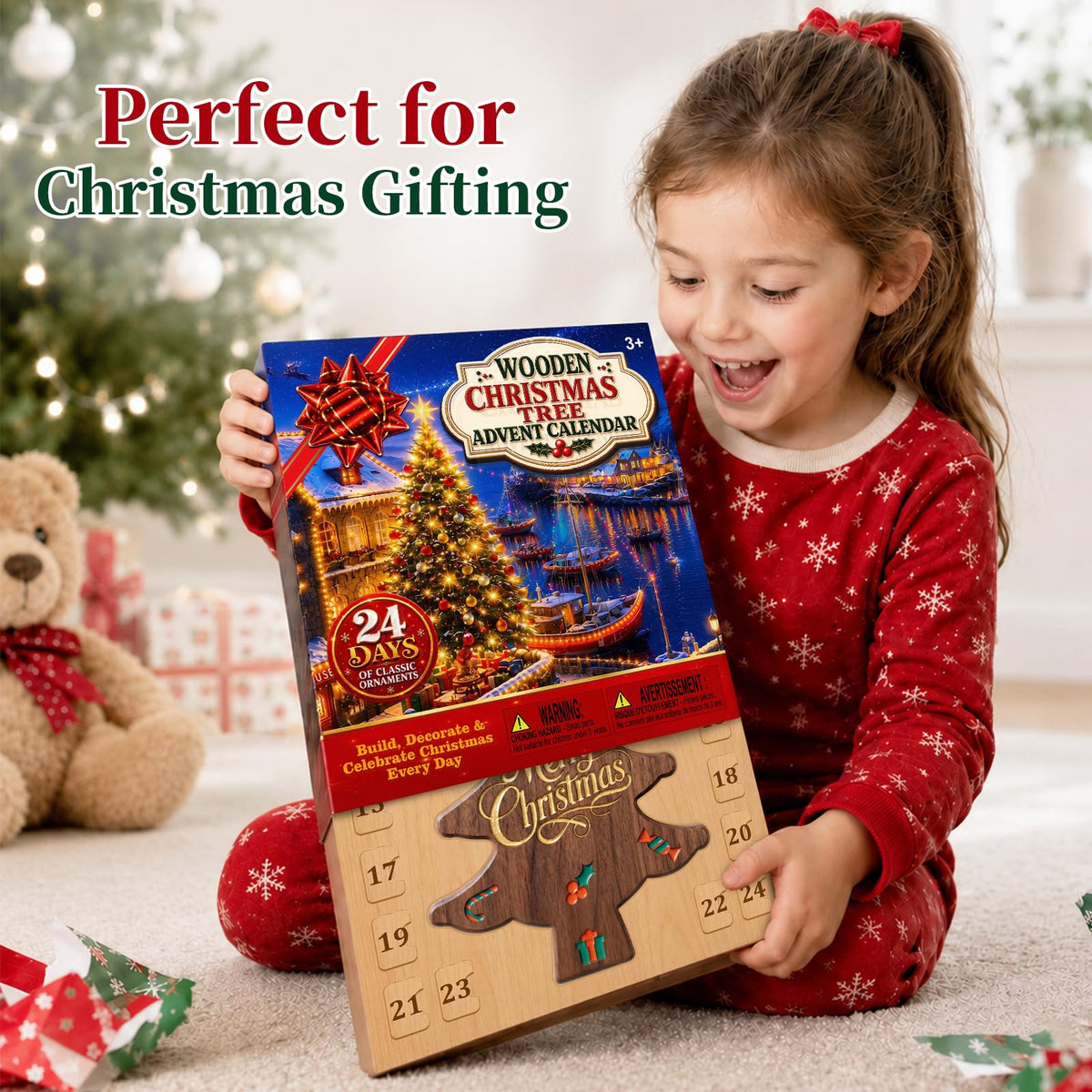 Wooden Christmas Tree Advent Calendar – LED Lights & 24 Ornaments – image 2