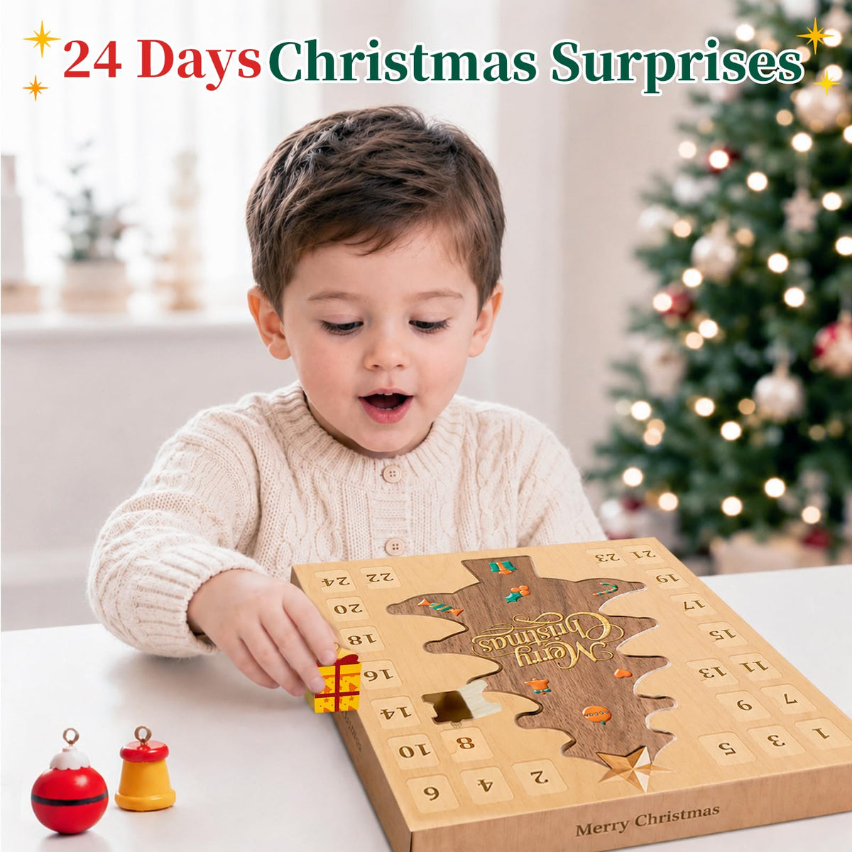 Wooden Christmas Tree Advent Calendar – LED Lights & 24 Ornaments – image 3