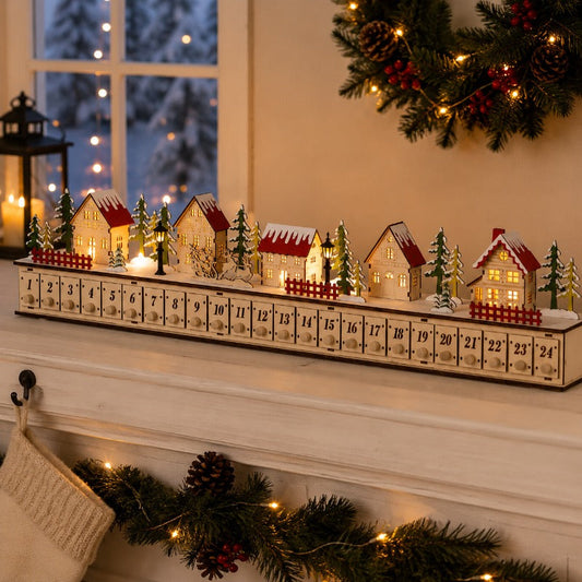 Wooden Christmas Village Advent Calendar – LED Lights & 24 Drawers