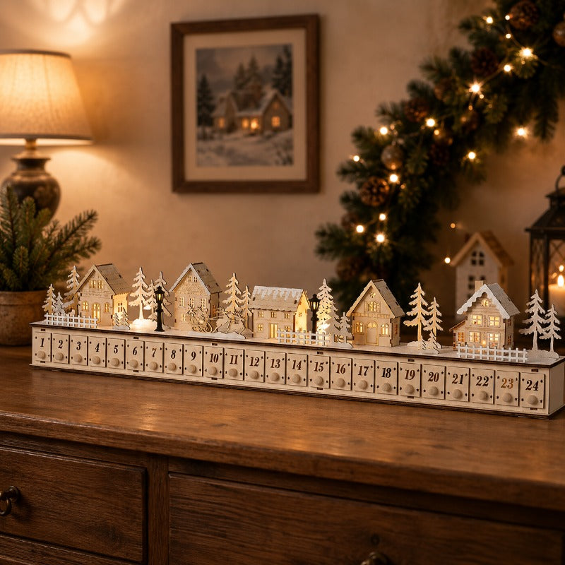 Wooden Christmas Village Advent Calendar – LED Lights & 24 Drawers – image 2