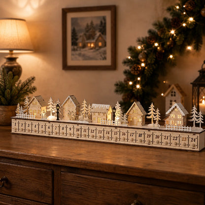 Wooden Christmas Village Advent Calendar – LED Lights & 24 Drawers – image 2