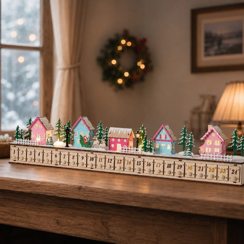 Wooden Christmas Village Advent Calendar – LED Lights & 24 Drawers – image 3