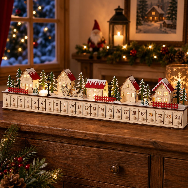 Wooden Christmas Village Advent Calendar – LED Lights & 24 Drawers – image 4