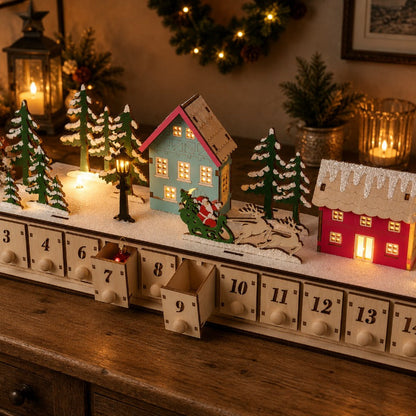 Wooden Christmas Village Advent Calendar – LED Lights & 24 Drawers – image 5