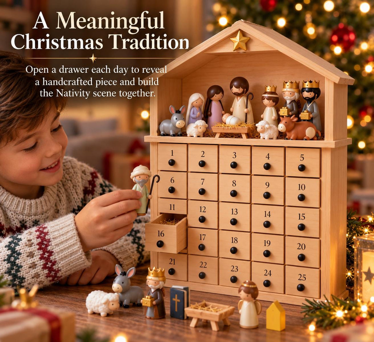 Wooden Nativity Advent Calendar – 25 Drawers with Nativity Figures – image 4