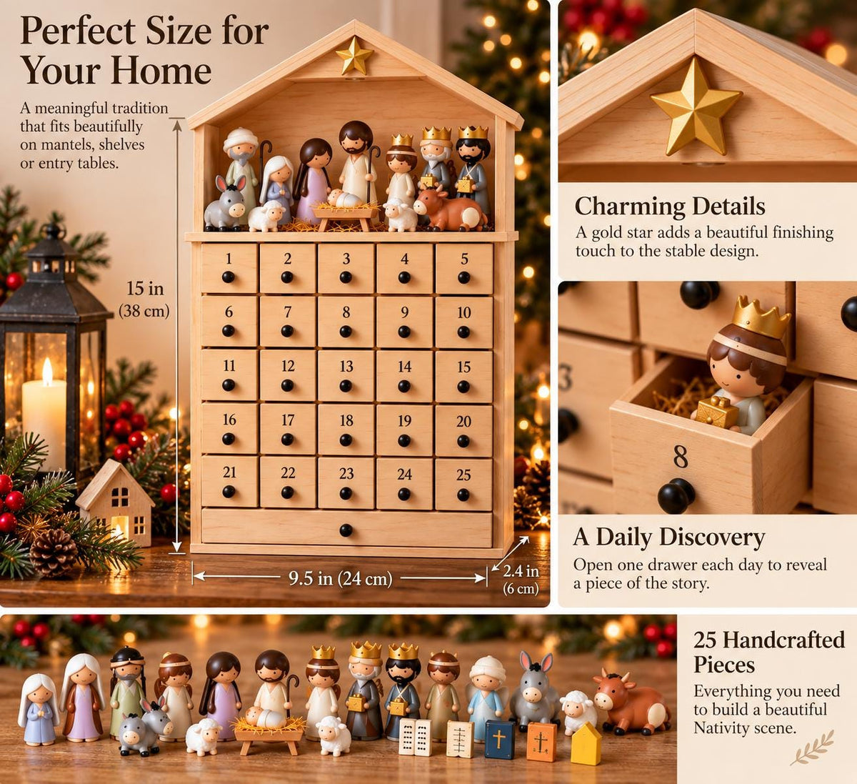 Wooden Nativity Advent Calendar – 25 Drawers with Nativity Figures – image 5